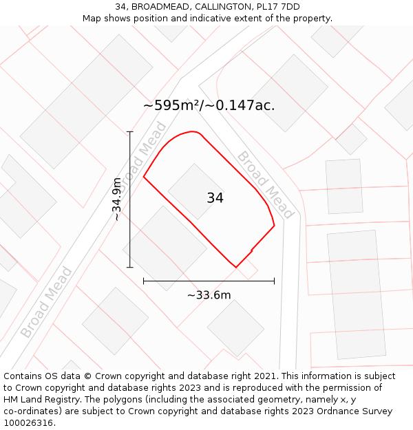 34, BROADMEAD, CALLINGTON, PL17 7DD: Plot and title map