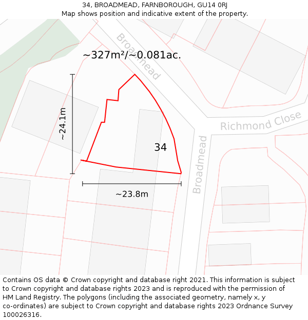 34, BROADMEAD, FARNBOROUGH, GU14 0RJ: Plot and title map