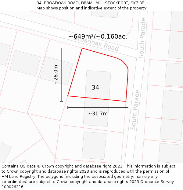 34, BROADOAK ROAD, BRAMHALL, STOCKPORT, SK7 3BL: Plot and title map