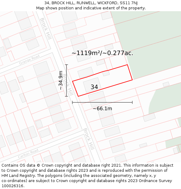 34, BROCK HILL, RUNWELL, WICKFORD, SS11 7NJ: Plot and title map