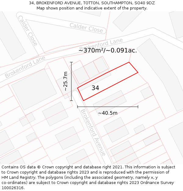 34, BROKENFORD AVENUE, TOTTON, SOUTHAMPTON, SO40 9DZ: Plot and title map