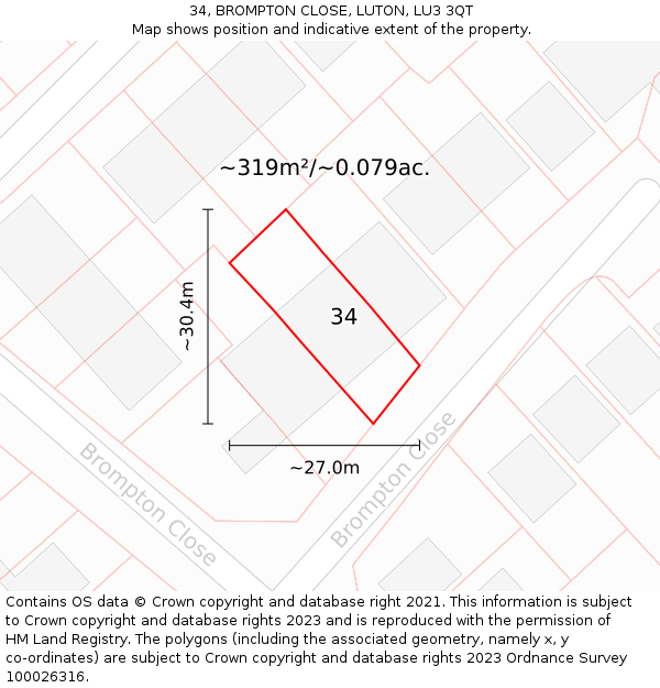 34, BROMPTON CLOSE, LUTON, LU3 3QT: Plot and title map