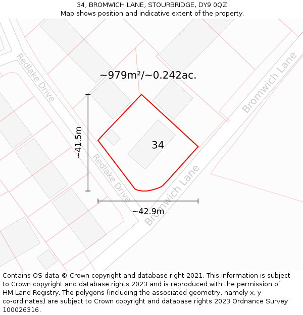 34, BROMWICH LANE, STOURBRIDGE, DY9 0QZ: Plot and title map