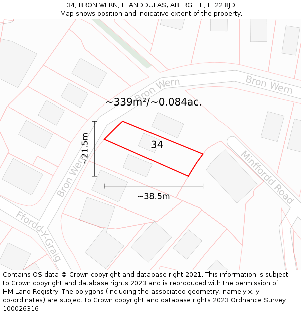 34, BRON WERN, LLANDDULAS, ABERGELE, LL22 8JD: Plot and title map