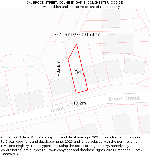 34, BROOK STREET, COLNE ENGAINE, COLCHESTER, CO6 2JD: Plot and title map