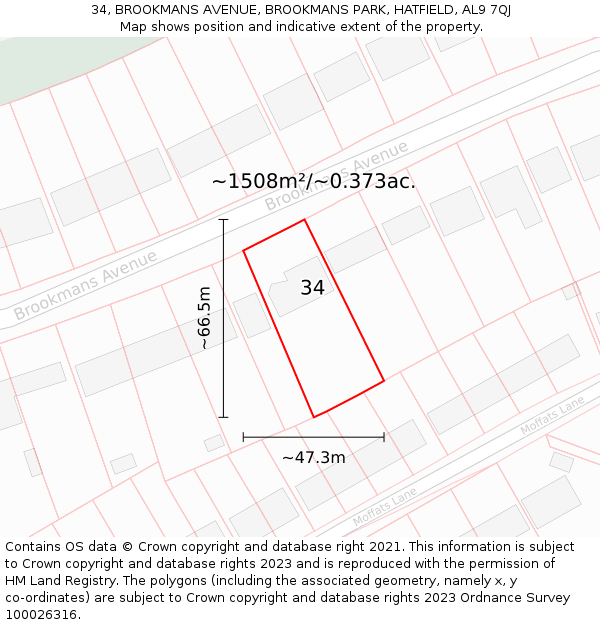 34, BROOKMANS AVENUE, BROOKMANS PARK, HATFIELD, AL9 7QJ: Plot and title map