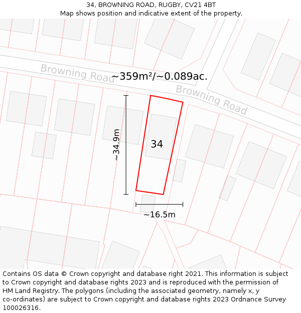 34, BROWNING ROAD, RUGBY, CV21 4BT: Plot and title map