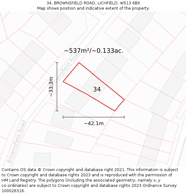 34, BROWNSFIELD ROAD, LICHFIELD, WS13 6BX: Plot and title map