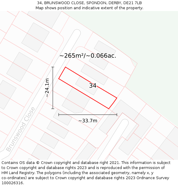 34, BRUNSWOOD CLOSE, SPONDON, DERBY, DE21 7LB: Plot and title map