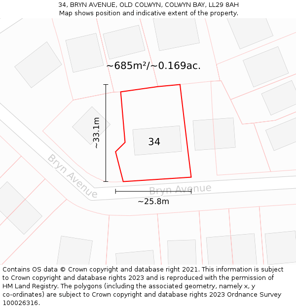 34, BRYN AVENUE, OLD COLWYN, COLWYN BAY, LL29 8AH: Plot and title map