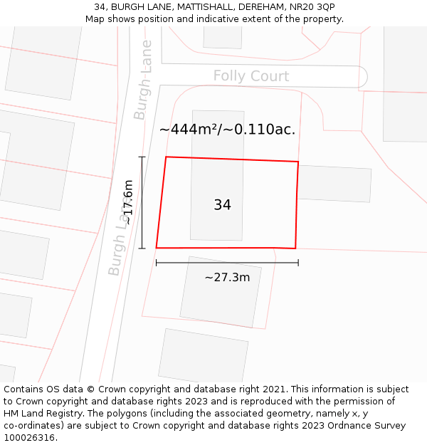 34, BURGH LANE, MATTISHALL, DEREHAM, NR20 3QP: Plot and title map