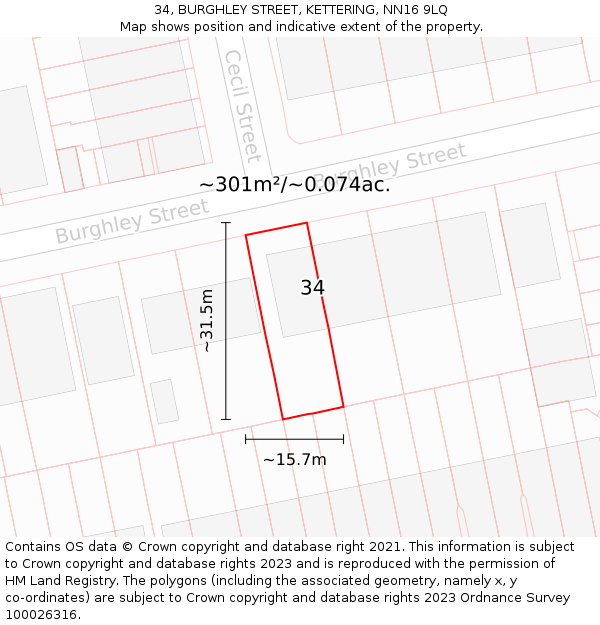 34, BURGHLEY STREET, KETTERING, NN16 9LQ: Plot and title map