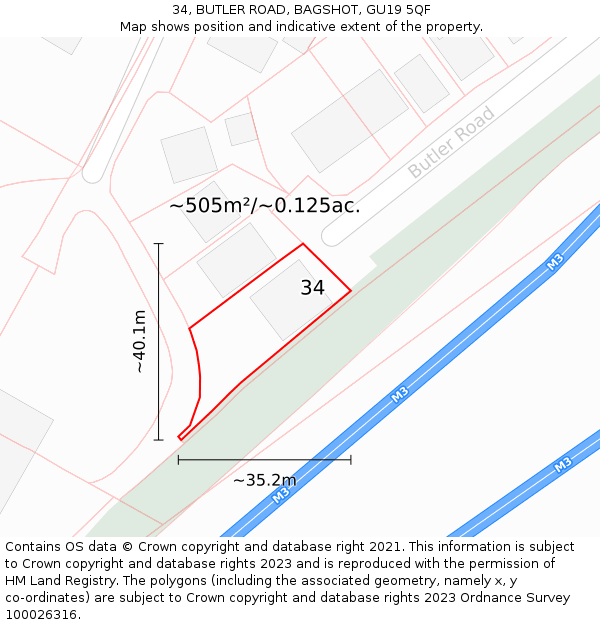 34, BUTLER ROAD, BAGSHOT, GU19 5QF: Plot and title map