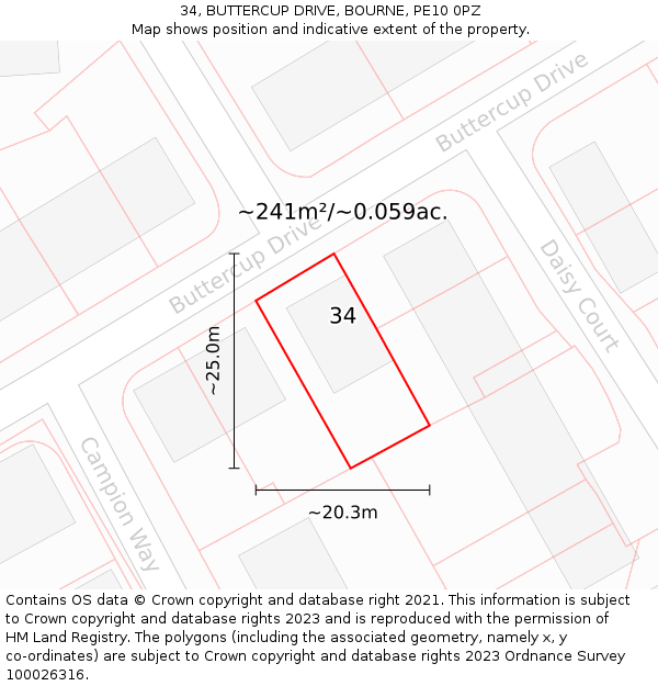 34, BUTTERCUP DRIVE, BOURNE, PE10 0PZ: Plot and title map