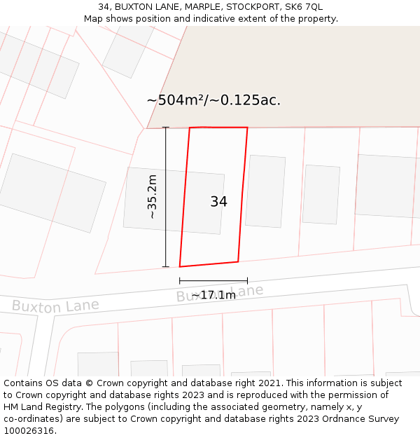 34, BUXTON LANE, MARPLE, STOCKPORT, SK6 7QL: Plot and title map