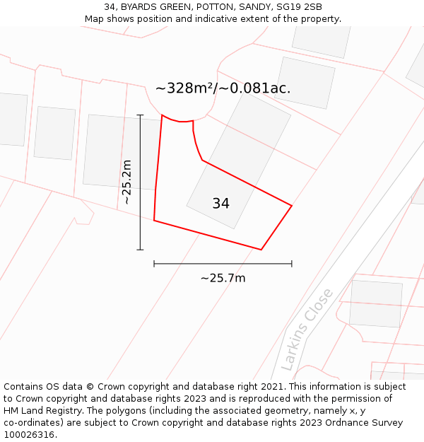 34, BYARDS GREEN, POTTON, SANDY, SG19 2SB: Plot and title map