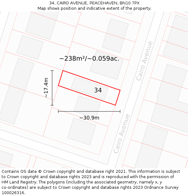 34, CAIRO AVENUE, PEACEHAVEN, BN10 7PX: Plot and title map