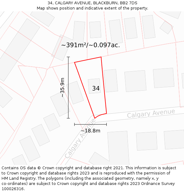 34, CALGARY AVENUE, BLACKBURN, BB2 7DS: Plot and title map