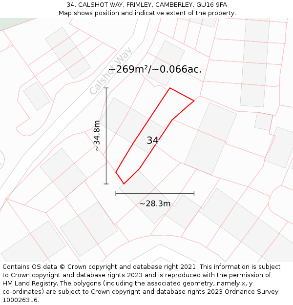 34, CALSHOT WAY, FRIMLEY, CAMBERLEY, GU16 9FA: Plot and title map