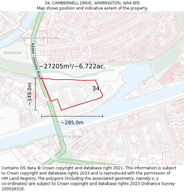 34, CAMBERWELL DRIVE, WARRINGTON, WA4 6FE: Plot and title map