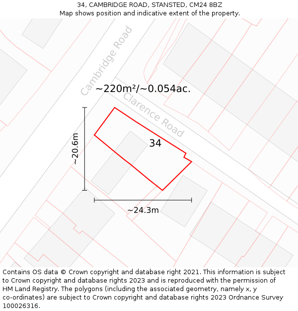 34, CAMBRIDGE ROAD, STANSTED, CM24 8BZ: Plot and title map