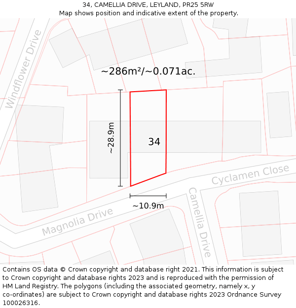 34, CAMELLIA DRIVE, LEYLAND, PR25 5RW: Plot and title map