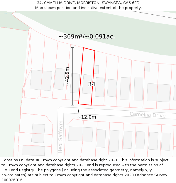 34, CAMELLIA DRIVE, MORRISTON, SWANSEA, SA6 6ED: Plot and title map