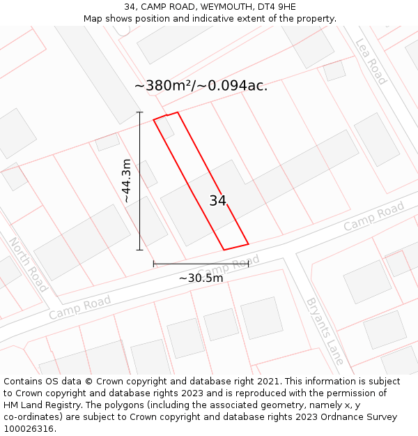 34, CAMP ROAD, WEYMOUTH, DT4 9HE: Plot and title map