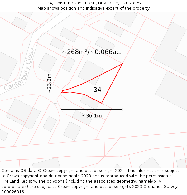 34, CANTERBURY CLOSE, BEVERLEY, HU17 8PS: Plot and title map