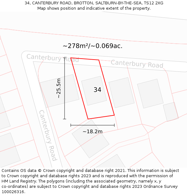 34, CANTERBURY ROAD, BROTTON, SALTBURN-BY-THE-SEA, TS12 2XG: Plot and title map