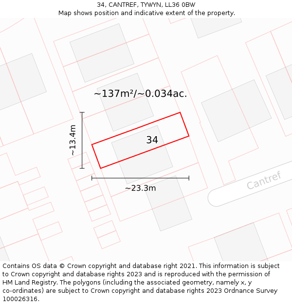 34, CANTREF, TYWYN, LL36 0BW: Plot and title map