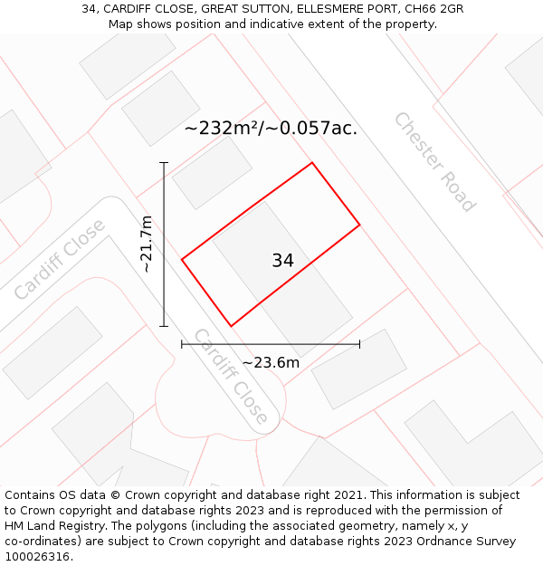 34, CARDIFF CLOSE, GREAT SUTTON, ELLESMERE PORT, CH66 2GR: Plot and title map