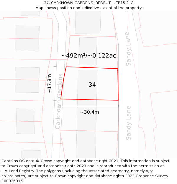 34, CARKNOWN GARDENS, REDRUTH, TR15 2LG: Plot and title map