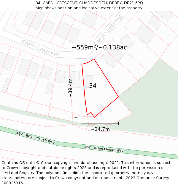 34, CAROL CRESCENT, CHADDESDEN, DERBY, DE21 6PQ: Plot and title map