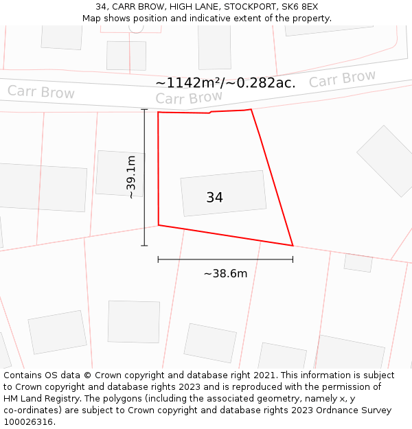 34, CARR BROW, HIGH LANE, STOCKPORT, SK6 8EX: Plot and title map