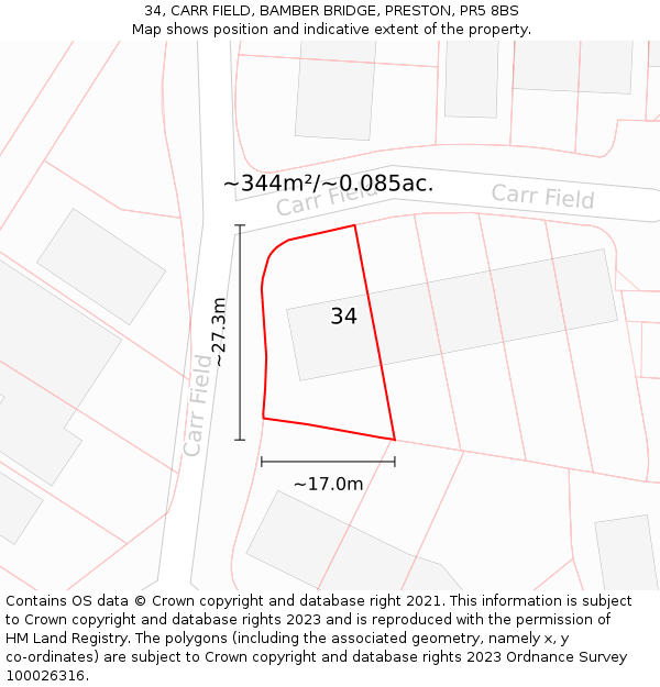 34, CARR FIELD, BAMBER BRIDGE, PRESTON, PR5 8BS: Plot and title map