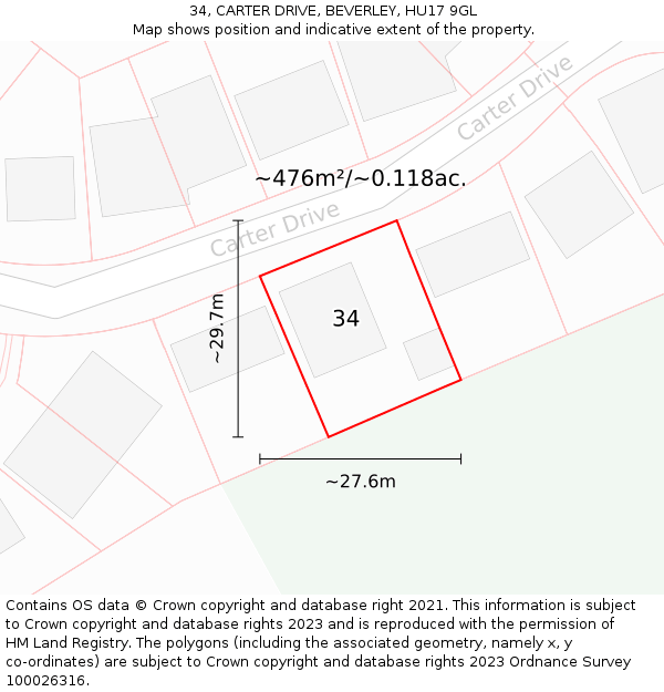 34, CARTER DRIVE, BEVERLEY, HU17 9GL: Plot and title map