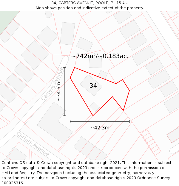 34, CARTERS AVENUE, POOLE, BH15 4JU: Plot and title map