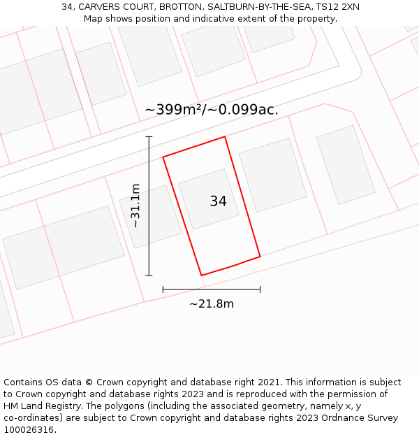 34, CARVERS COURT, BROTTON, SALTBURN-BY-THE-SEA, TS12 2XN: Plot and title map