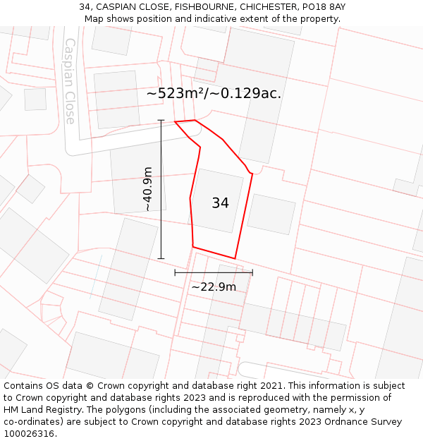 34, CASPIAN CLOSE, FISHBOURNE, CHICHESTER, PO18 8AY: Plot and title map
