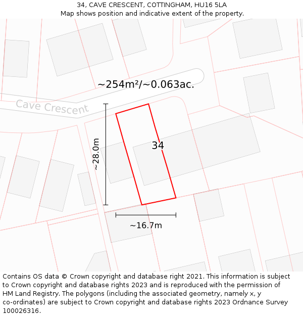 34, CAVE CRESCENT, COTTINGHAM, HU16 5LA: Plot and title map