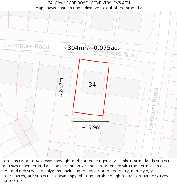 34, CAWNPORE ROAD, COVENTRY, CV6 4EN: Plot and title map