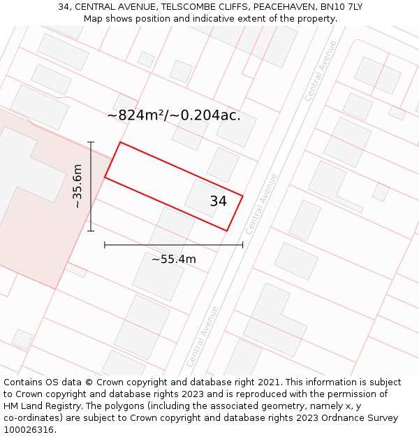 34, CENTRAL AVENUE, TELSCOMBE CLIFFS, PEACEHAVEN, BN10 7LY: Plot and title map