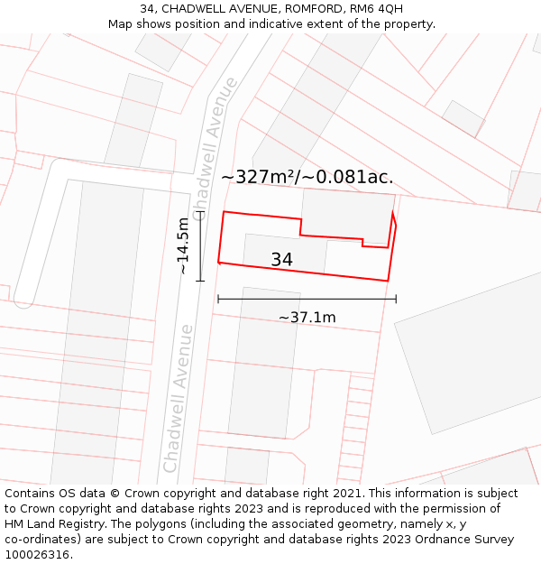 34, CHADWELL AVENUE, ROMFORD, RM6 4QH: Plot and title map