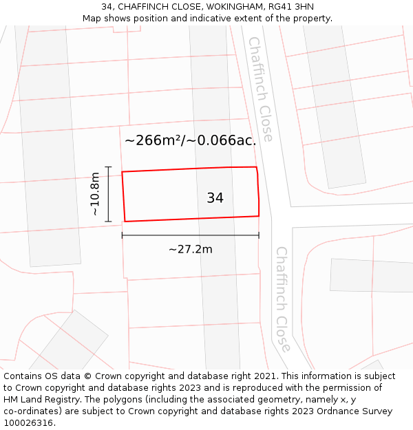 34, CHAFFINCH CLOSE, WOKINGHAM, RG41 3HN: Plot and title map