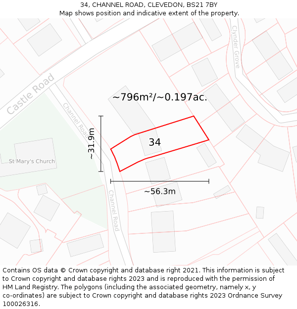 34, CHANNEL ROAD, CLEVEDON, BS21 7BY: Plot and title map