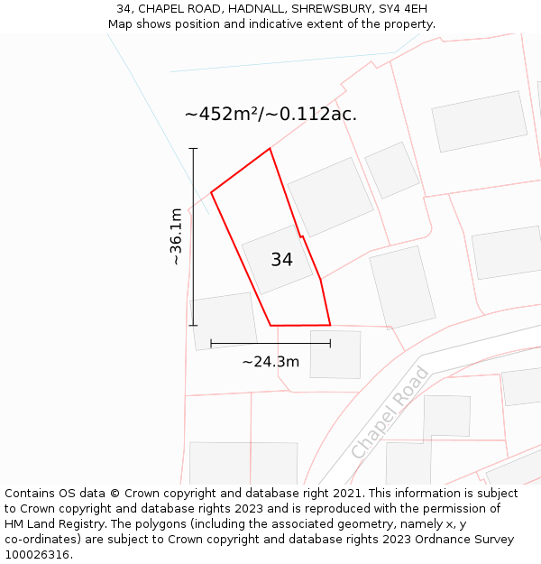 34, CHAPEL ROAD, HADNALL, SHREWSBURY, SY4 4EH: Plot and title map