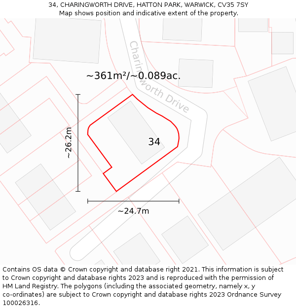 34, CHARINGWORTH DRIVE, HATTON PARK, WARWICK, CV35 7SY: Plot and title map