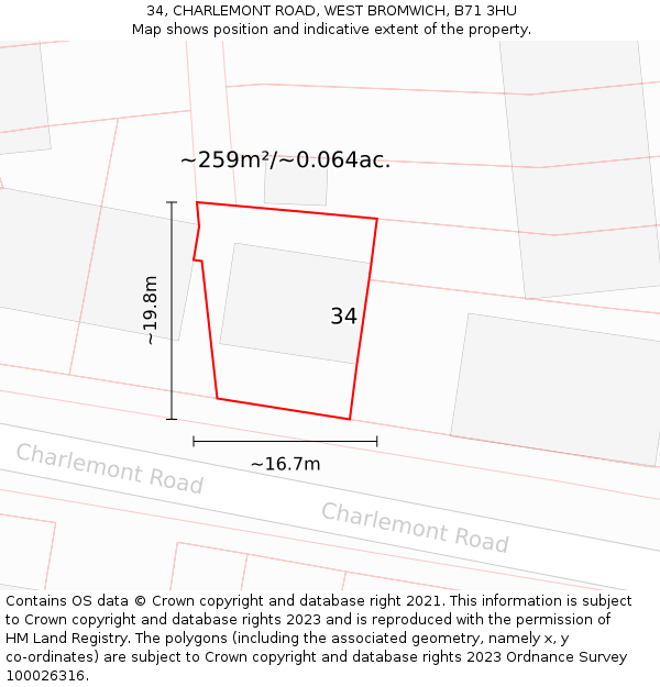 34, CHARLEMONT ROAD, WEST BROMWICH, B71 3HU: Plot and title map