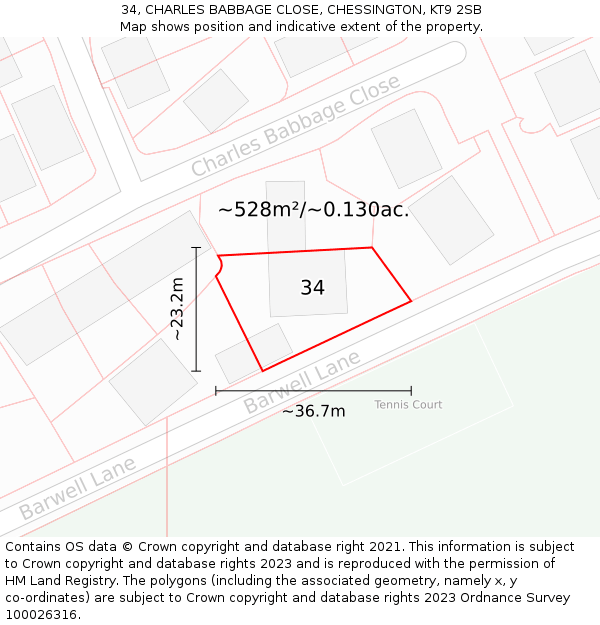 34, CHARLES BABBAGE CLOSE, CHESSINGTON, KT9 2SB: Plot and title map